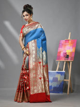 Sky Blue And Red Katan Silk Banarasi Patli Pallu Saree With Small Buttas And Ethnic Designs-MA52KA441380070